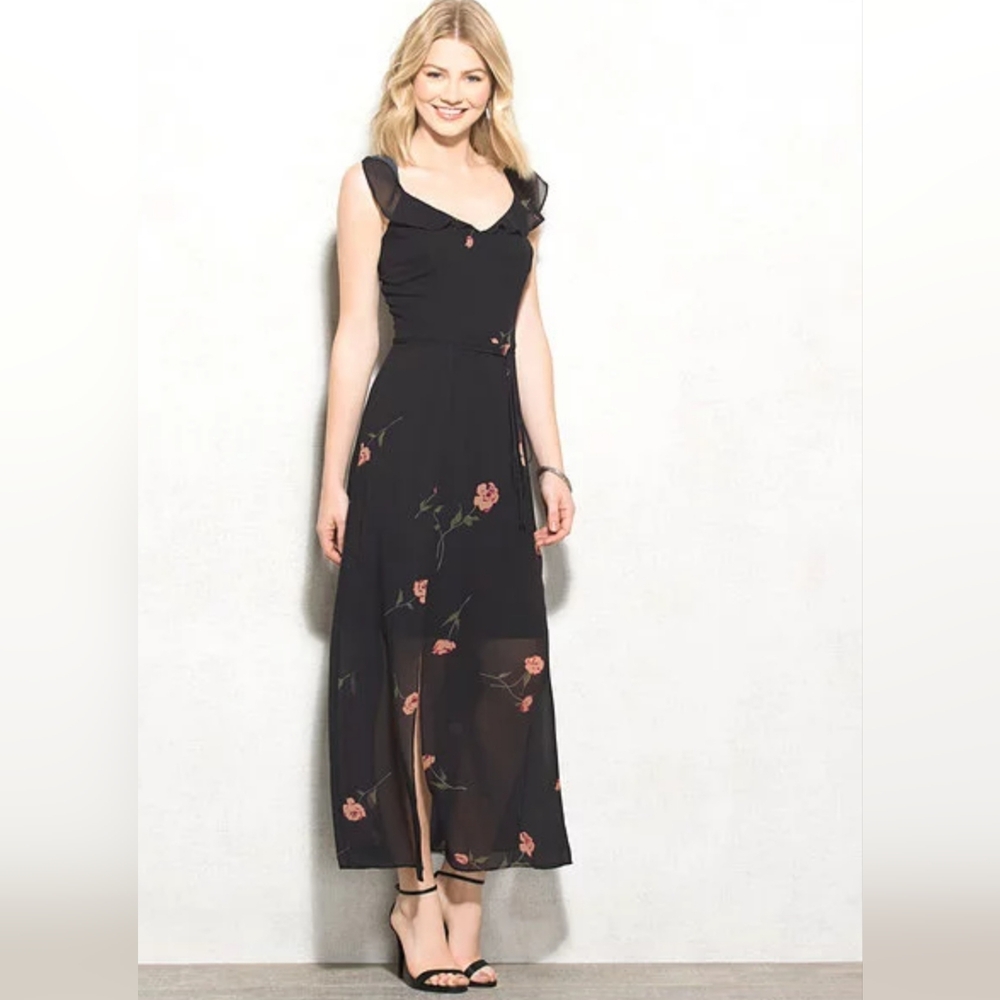 Ashley Graham Beyond Floral Sheer Ruffle Slit Belted Maxi Zip Dress